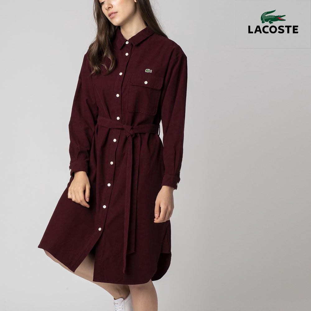 라코스테 긴팔 여성 원피스 워싱 코듀로이 원피스 버건디