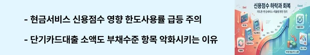 신용점수 하락 이유: '현금서비스 신용점수 영향 한도사용률 급등 주의'라는 문구가 포함된 웹배너 이미지. 이 이미지는 현금서비스 이용 시 카드 한도 사용률이 급등하며 부채수준 항목이 악화되는 원인을 시각적으로 전달하며, 블로그의 현금서비스 신용점수 하락 이유와 관련된 내용을 설명함