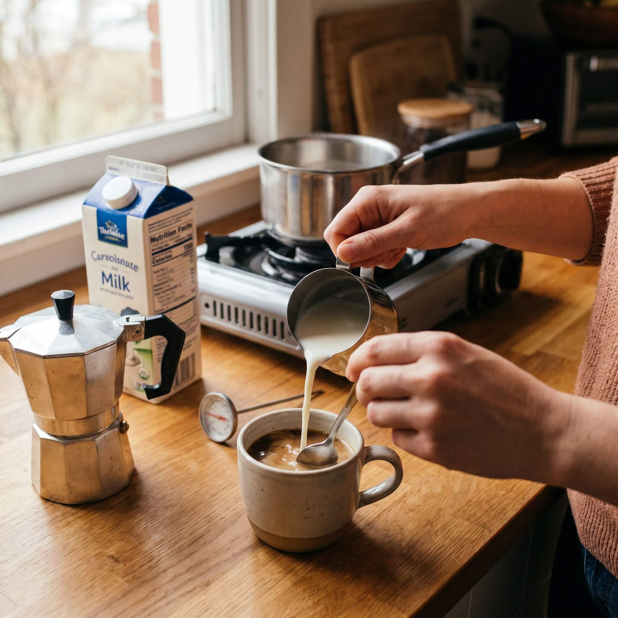 집에서 차가운우유로 라떼를 만들고있는 사람