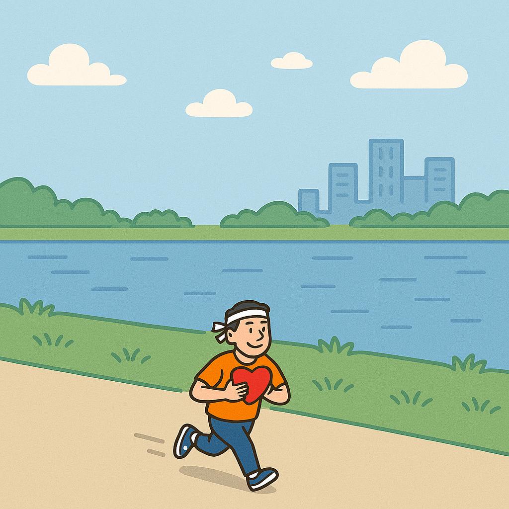 소중한 나의 심장을 가슴에 안고 운동하는 중년 남성의 모습 만화체 그림