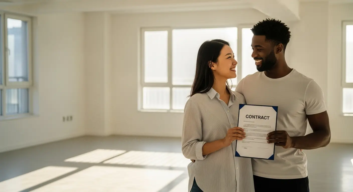 한국인 배우자와 외국인 배우자가 함께 웃으며 한국의 아파트 계약서를 들고 있는 희망찬 모습