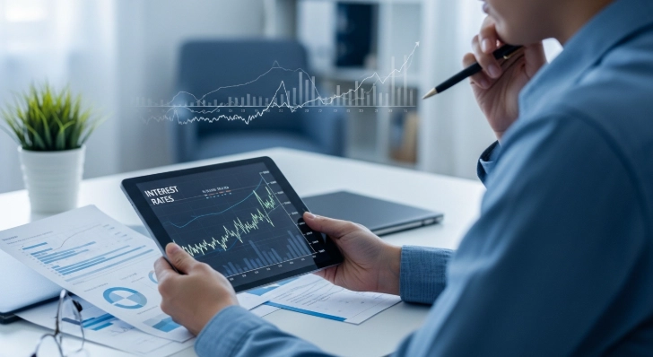 2026년 금리 인상 시기에 대출 서류와 금융 차트를 신중하게 검토하는 사람의 모습, 현명한 대출 갈아타기 전략을 상징하는 이미지