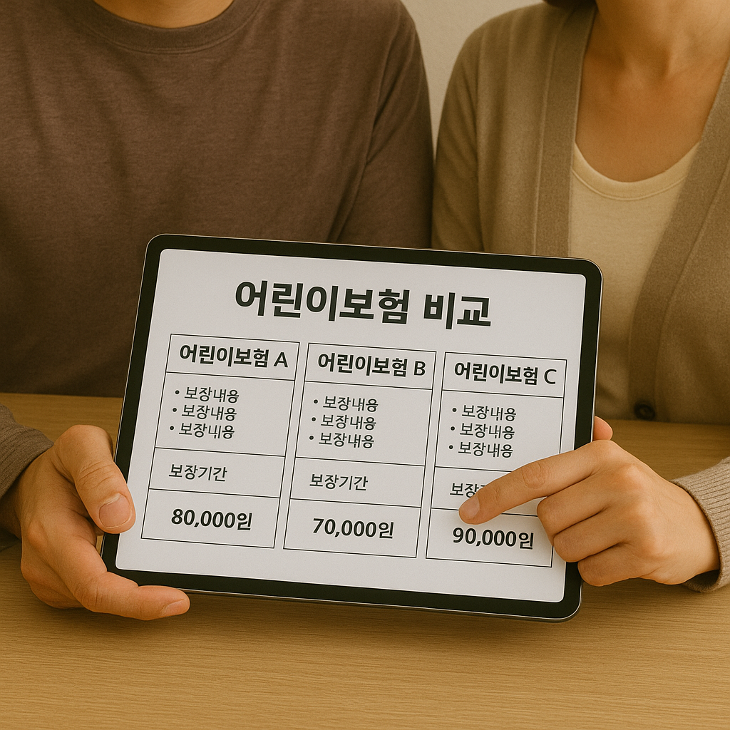 부모가 태블릿으로 어린이보험 비교 중인 장면