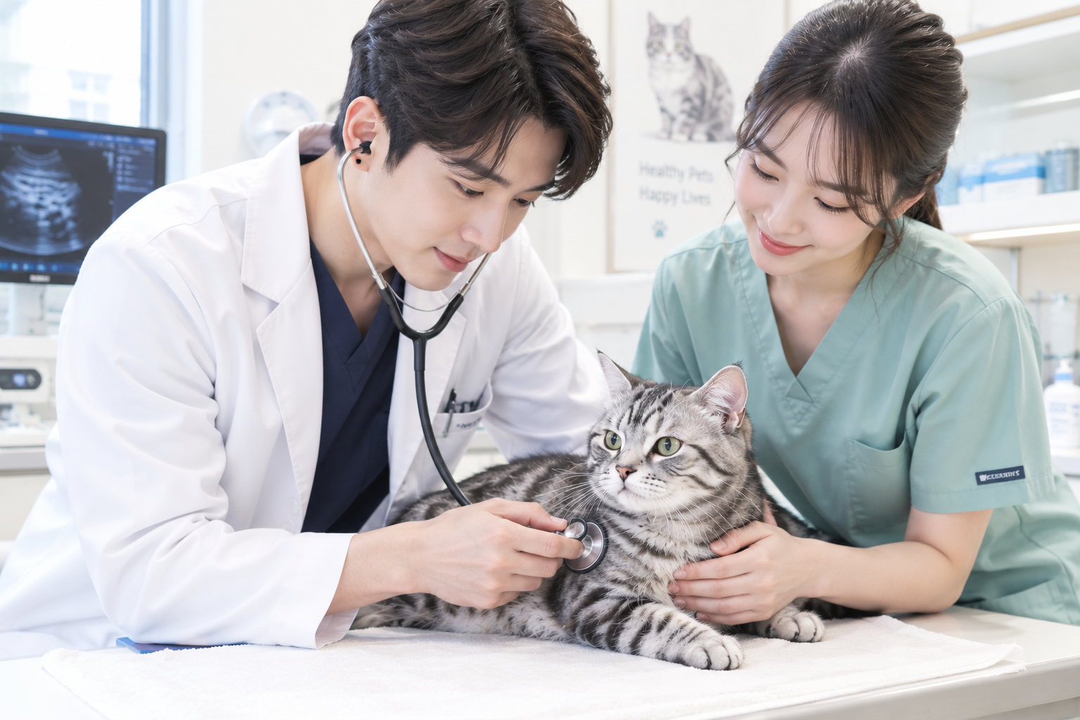 동물병원에서 진료를 받는 고양이의 모습
