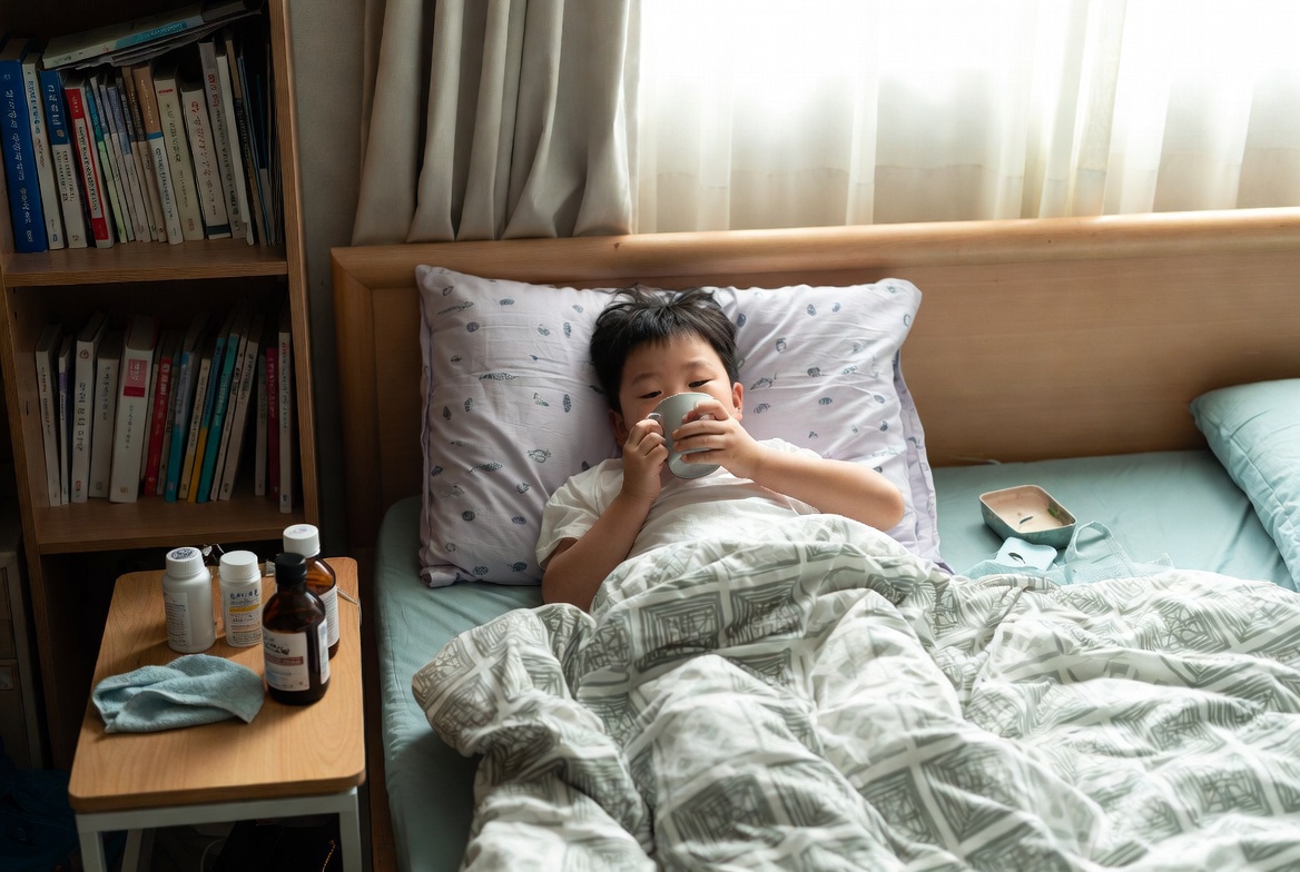 집에서 안정을 취하고 있는 어린이