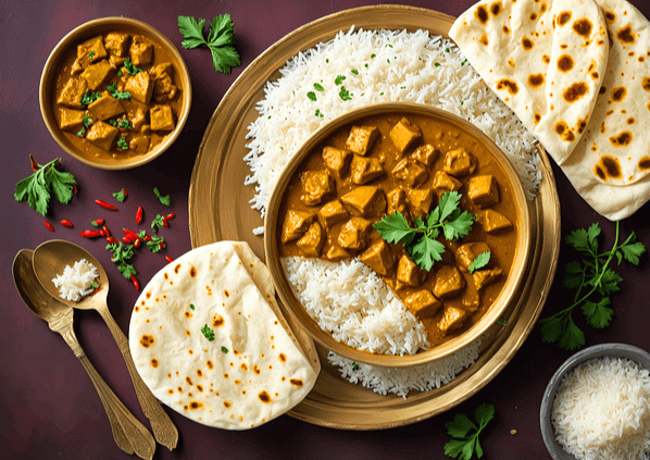 식탁 위에 하얀 쌀밥과 인도식 카레가 가득하다. 밀가루 전병빵도 있다.