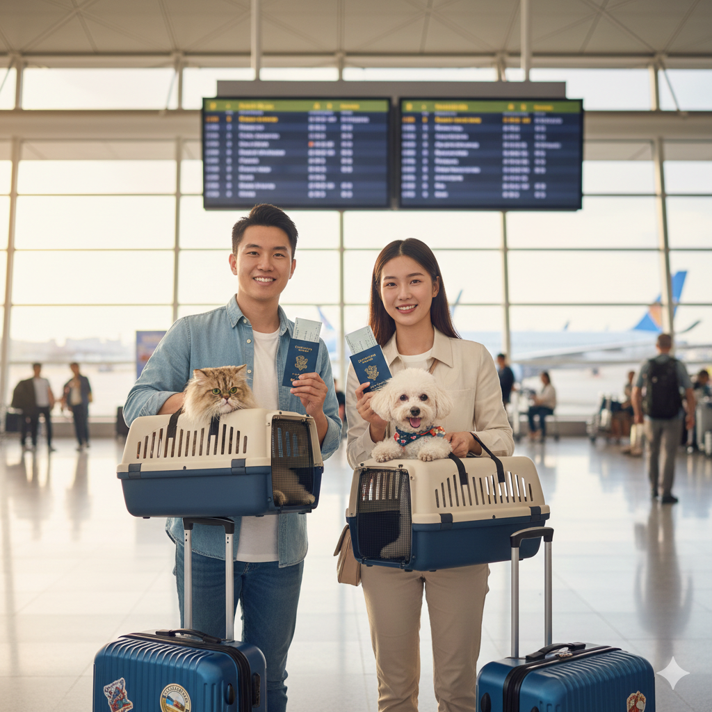 반려 동물과 함께 공항에서 출국 준비 중인 사람들