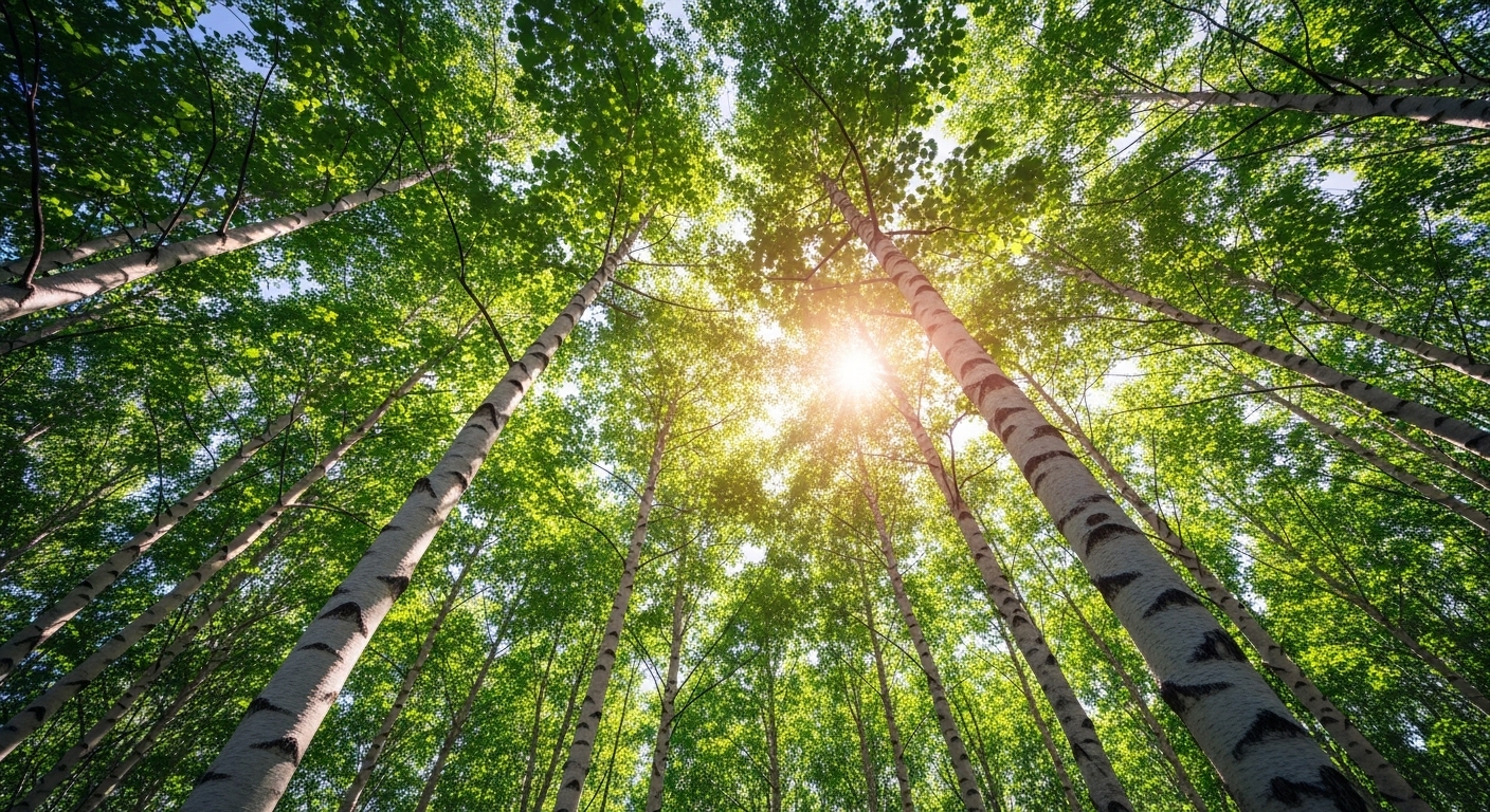 햇살이 비치는 강원도 인제 원대리 자작나무숲의 하얀 나무들