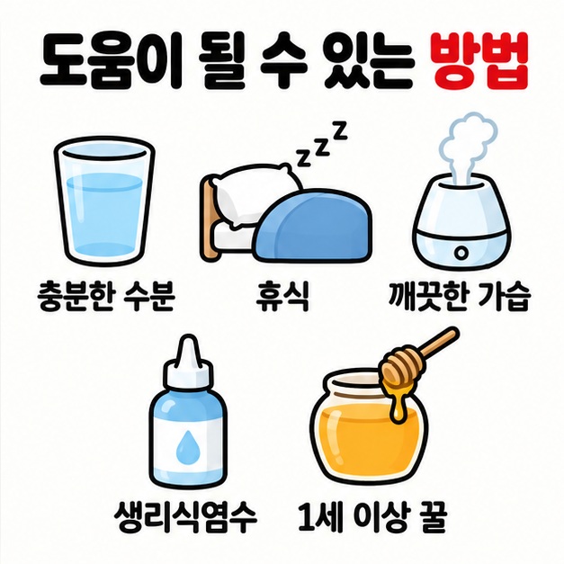 수분 섭취 휴식 가습 생리식염수와 1세 이상 꿀 섭취를 감기 증상 완화 방법으로 보여주는 카드