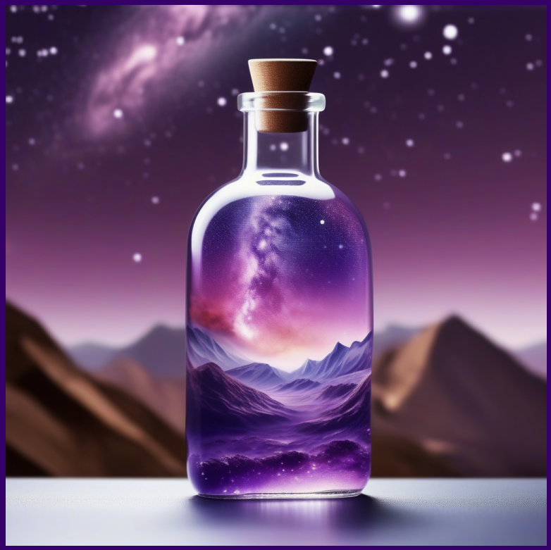 보라색 은하수 풍경을 담고 있는 병