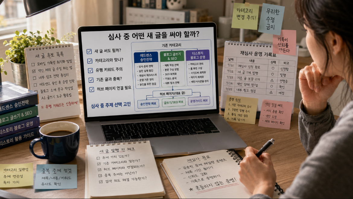 티스토리 블로거가 애드센스 심사 중 새 글 주제를 기존 카테고리와 허브 페이지 연결 기준으로 점검하는 이미지