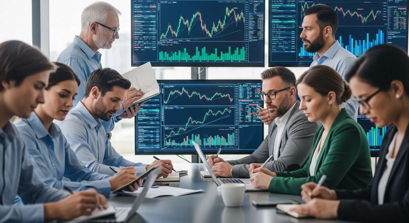 투자 전략을 분석하며 신중하게 주식 시장을 살피는 다양한 개인 투자자들의 모습