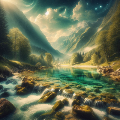 고요하고 평화로운 강과 자연이 아름답게 어우러진 풍경입니다.