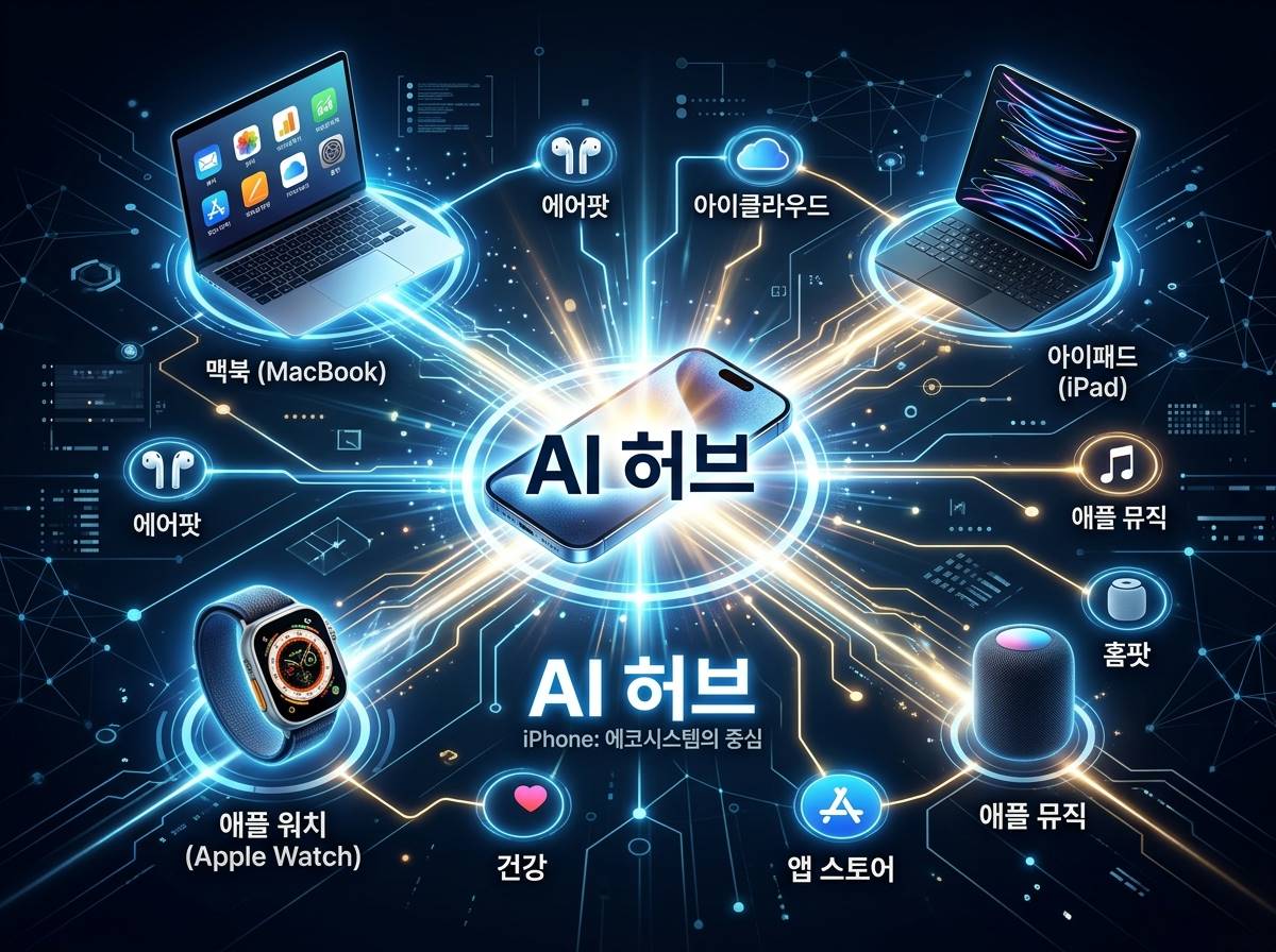아이폰을 중심으로 시계, 맥북, 아이패드가 연결된 생태계 지도, 중앙에 'AI Hub'라는 문구와 함께 빛이 퍼져나가는 모습