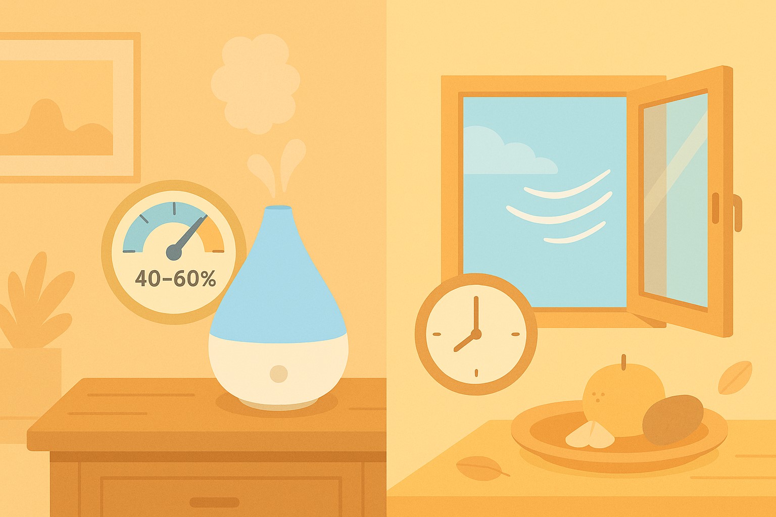 플랫 인포그래픽. 왼쪽에는 습도계와 가습기가 함께 있으며 습도 40~60%가 표시되어 있고, 오른쪽에는 열린 창문과 바람 아이콘, 시계 아이콘이 함께 배치되어 2~3시간마다 환기를 나타내는 모습