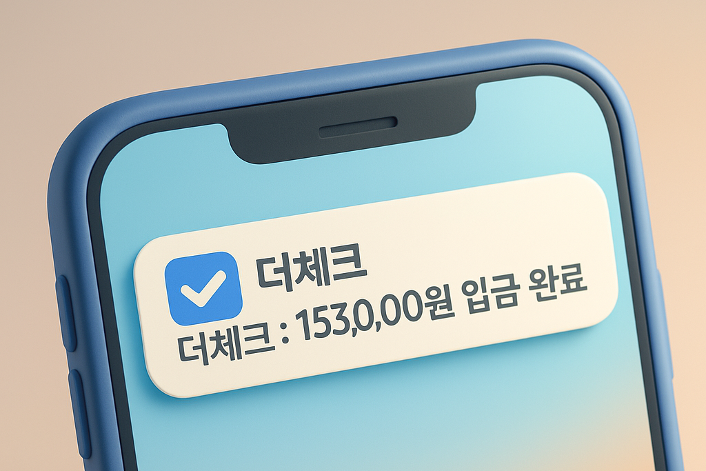 스마트폰 화면에 '더체크: 153,000원 입금 완료'라는 푸시 알림이 떠 있는 모습