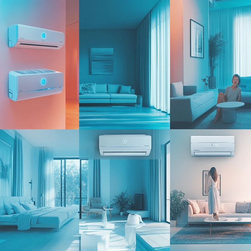AI 작동, 인버터 기술, 공기 정화 등 최신 벽걸이 에어컨의 다양한 기능을 보여주는 독창적이고 매력적인 콜라주. 넓은 현대적 인테리어와 도시적 감각이 어우러져 있으며, 은은한 파스텔 조명이 편안함을 더합니다.