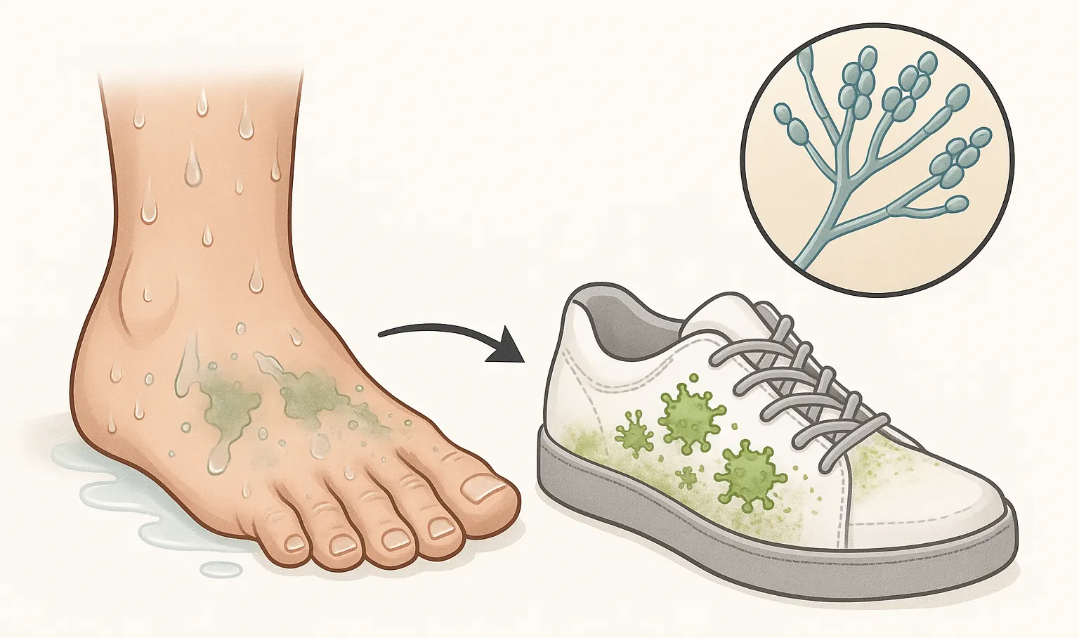 젖은 발과 밀폐된 신발 속에서 곰팡이가 번식하는 과정