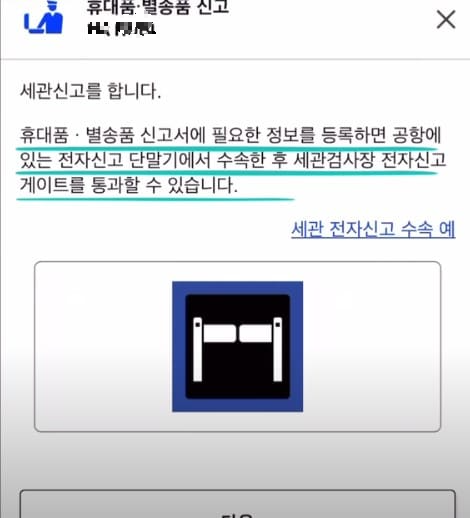 휴대품 별송품 신고서를 미리 작성하면 간단히 입국할 수 있다는 내용이 적힌 화면
