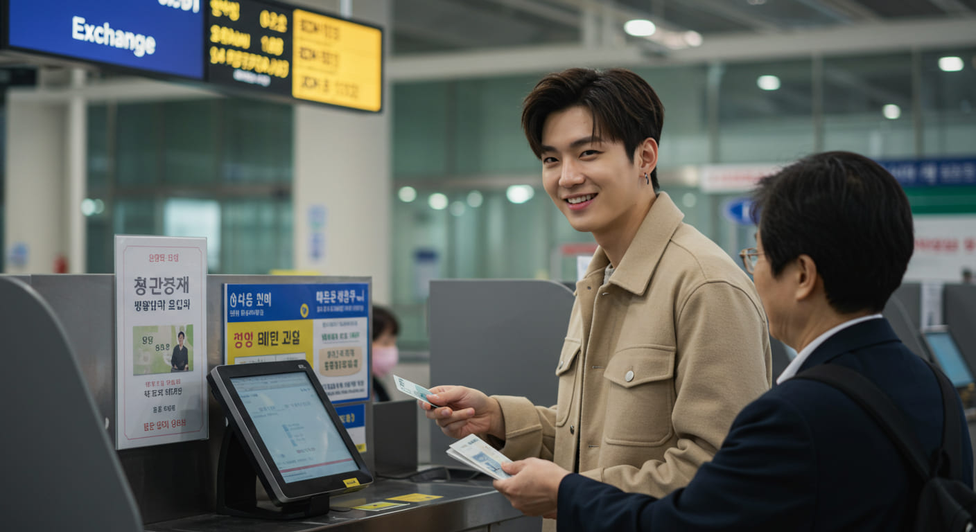 환전소에서 돈을 교환하는 귀여운 한국인 남성
