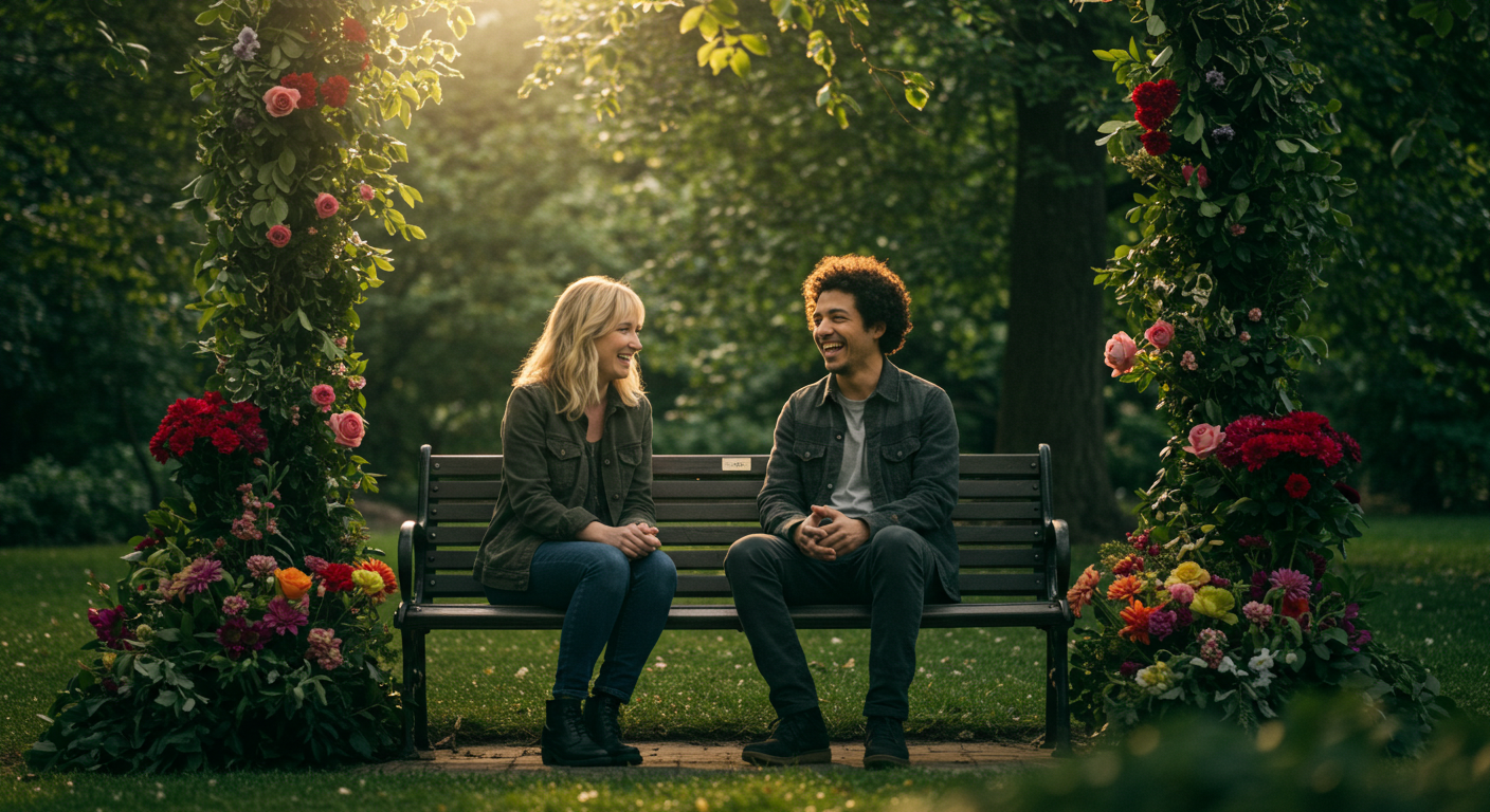 조용한 공원에서 서로의 이야기를 나누는 두 사람. 경청과 대화