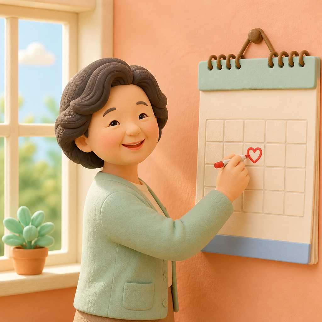 햇살 드는 창가에서 달력에 약속 날짜를 적고 웃는 60대 여성