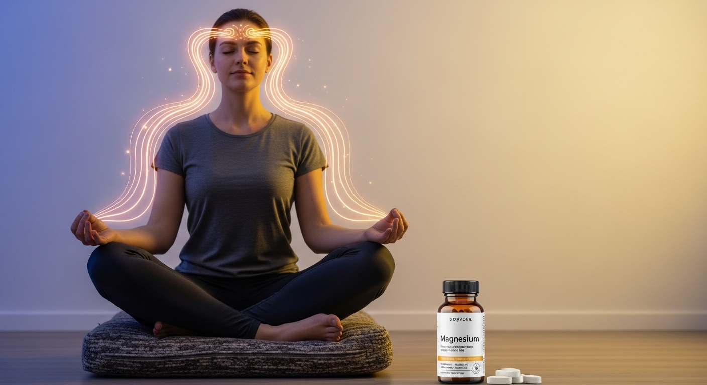 스트레스를 해소하고 편안하게 휴식하는 사람과 마그네슘 보충제, 정신 건강과 평온함을 상징