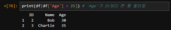 print(df[df['Age'] > 25]) # 'Age'가 25보다 큰 행 필터링