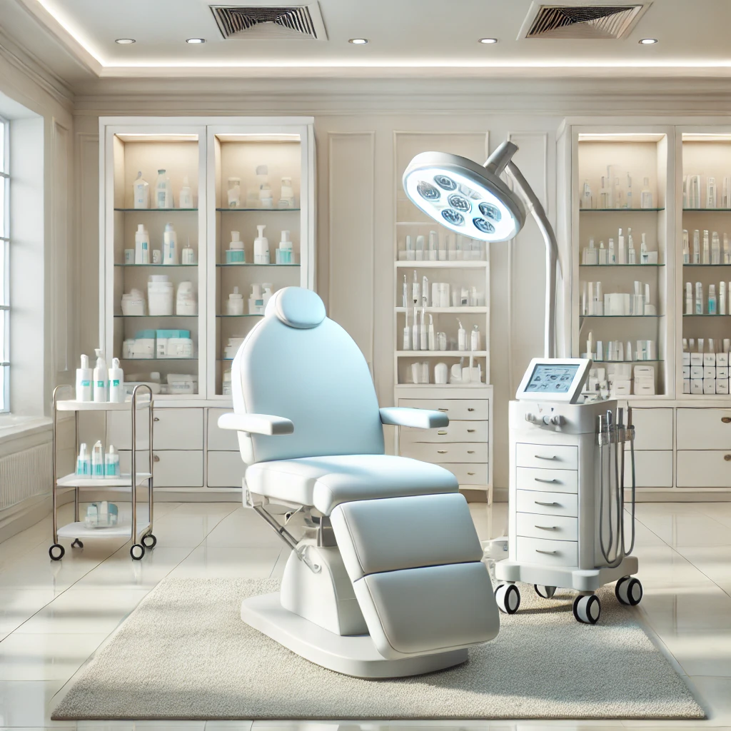 깔끔하고 현대적인 피부과 치료실, 여드름 흉터 제거 시술에 적합한 분위기의 조명과 스킨케어 장비가 갖춰진 공간