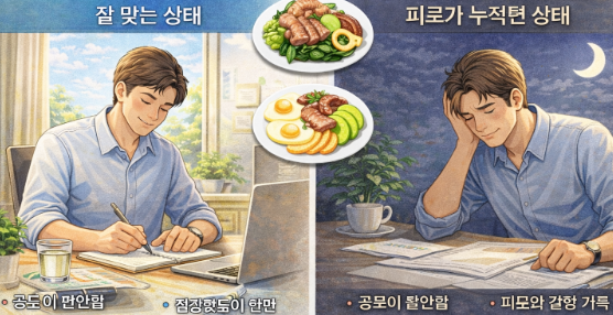 저탄고지 식단이 잘 맞는 상태와 피로가 누적된 상태를 대비한 일러스트