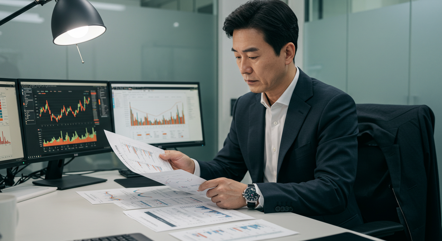 증권사 리포트와 재무제표를 분석 중인 한국 주식 투자자