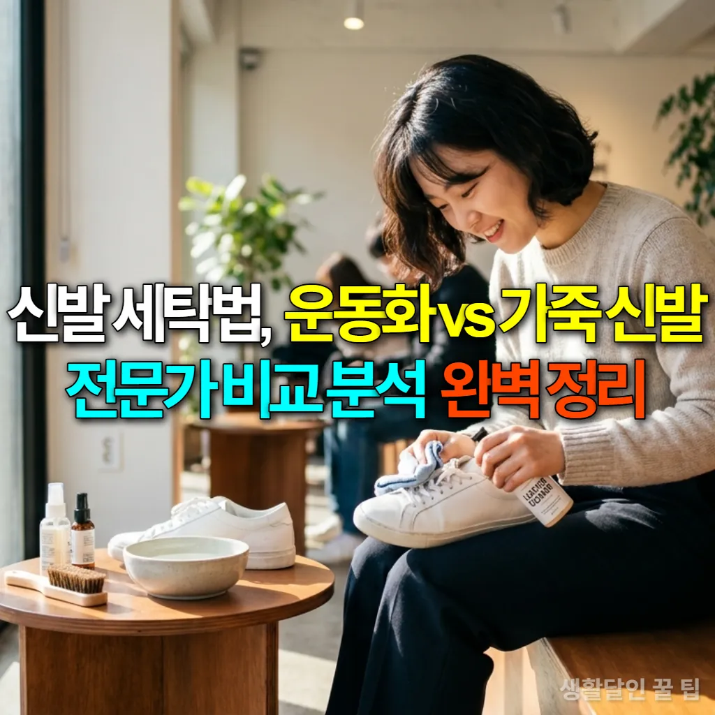 카페에서 흰색 가죽 운동화를 정성스럽게 닦는 젊은 한국 여성
