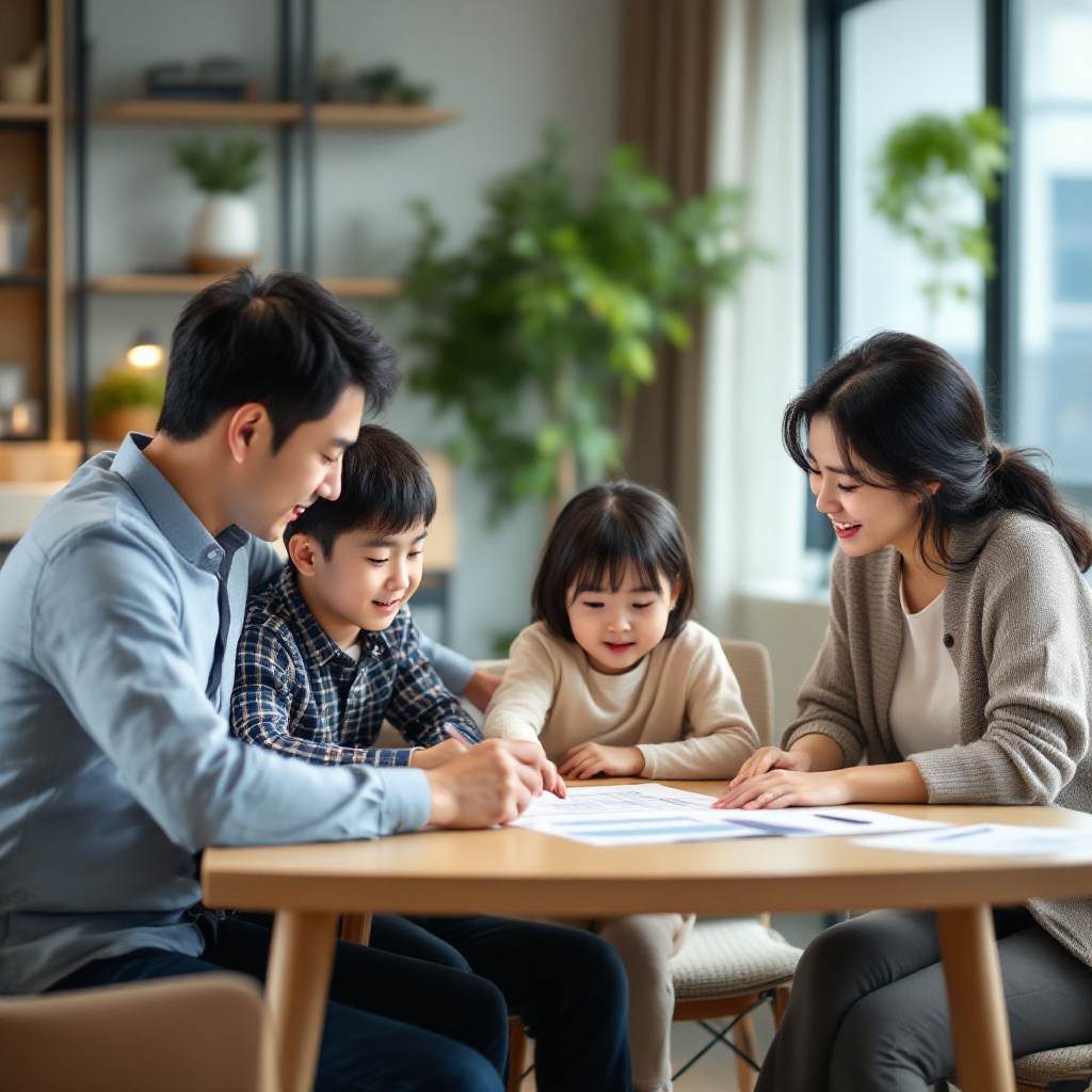 가족이 함께 부동산 증여 계획을 상의하는 모습