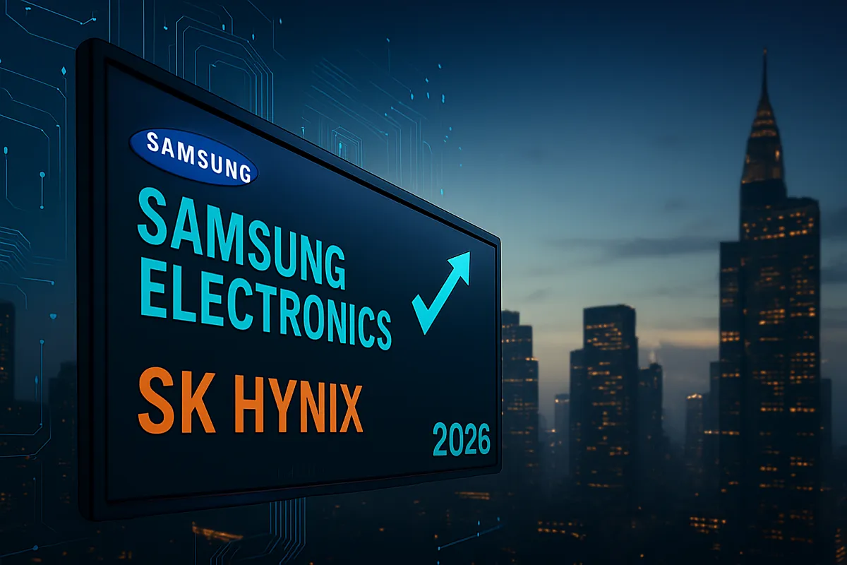 도시 야경 속 디지털 빌보드 화면-삼성전자와 SK하이닉스 로고, 성장 화살표, 2026 표시