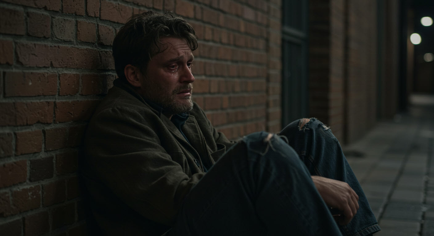 축처진 어께의 남성이 어두움 골목에 힘없이 않아서 눈물을 흐르끼는 듯한모습