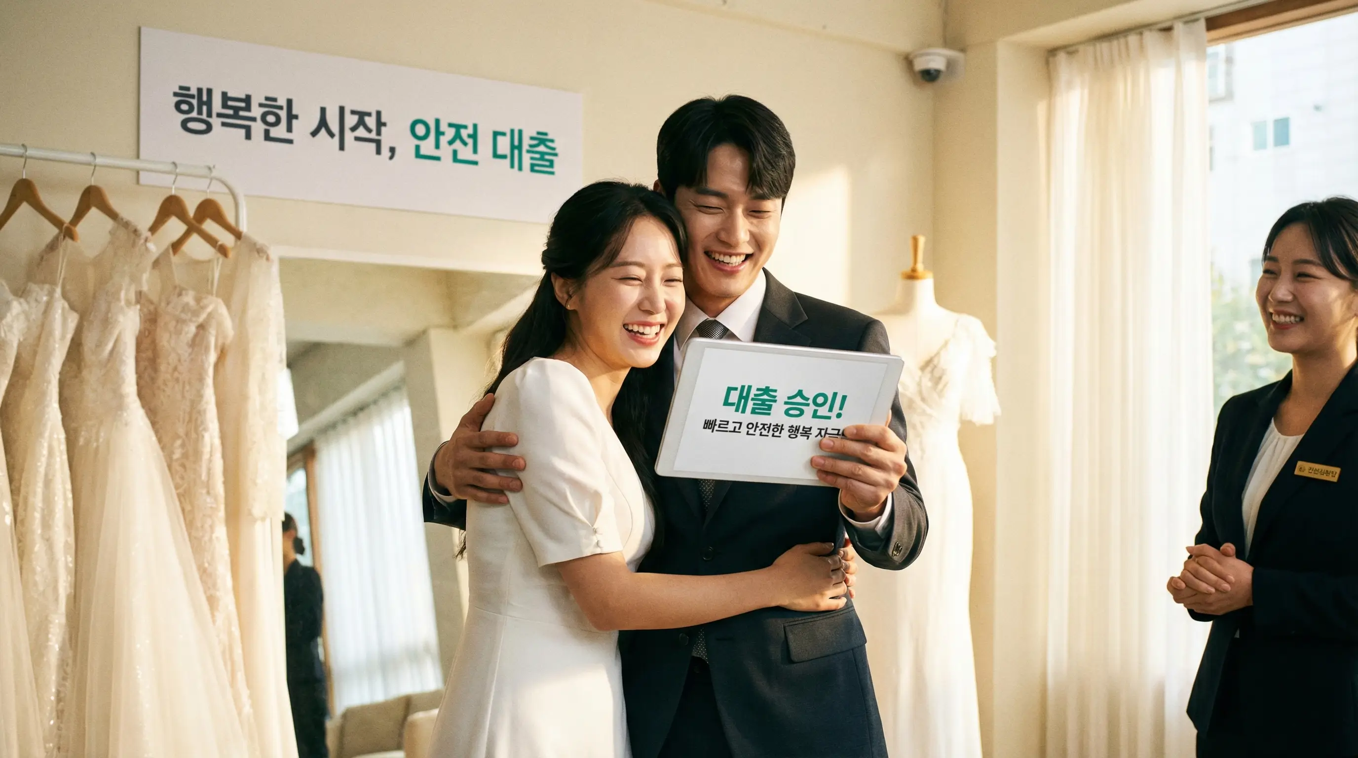 안전하고 빠른 대출을 통해 결혼 자금을 해결하고 행복해하는 예비부부의 모습