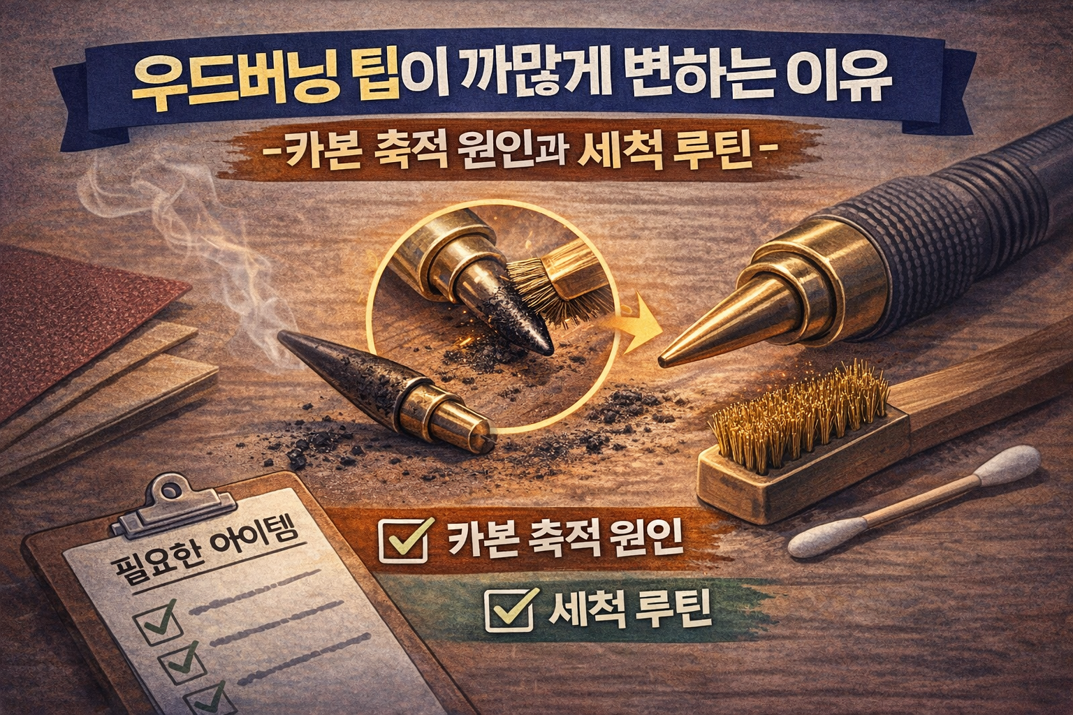 우드버닝 팁이 까맣게 변하는 이유 – 카본 축적 원인과 세척 루틴