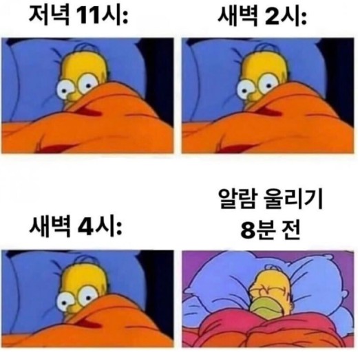 불면증을 겪는 사람들이 흔히 경험하는 &quot;잘 시간이 충분할 때는 못 자고, 알람이 울리기 직전에야 잠드는&quot; 아이러니한 상황을 재미있게 표현한 심슨