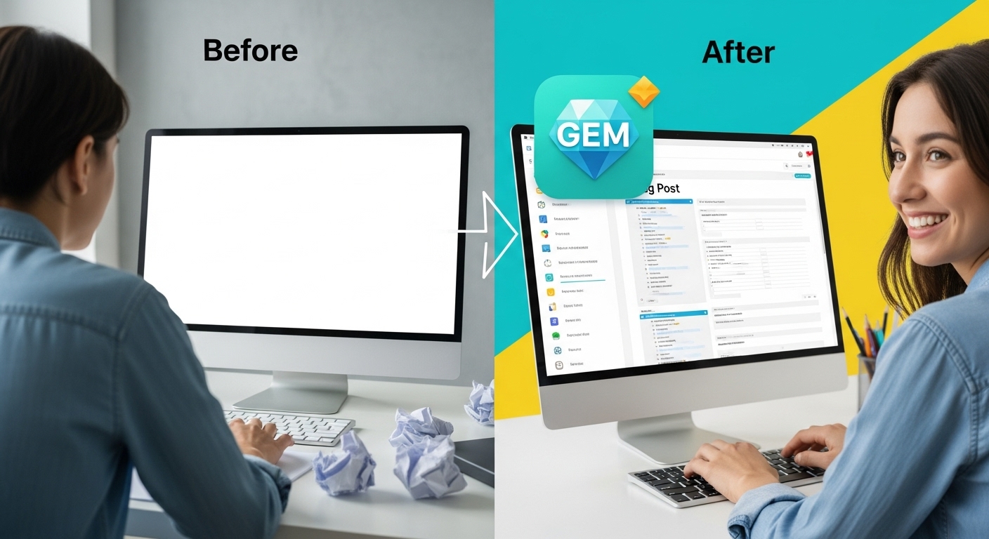 Gems를 사용하기 전후의 글쓰기 효율 차이를 시각적으로 보여주는 이미지