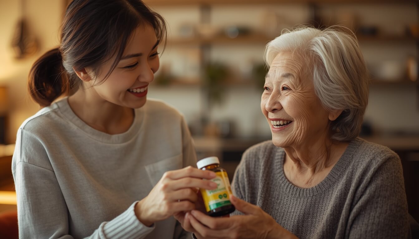 어머니에게 관절 건강을 위해 초록입홍합 영양제를 선물하는 딸