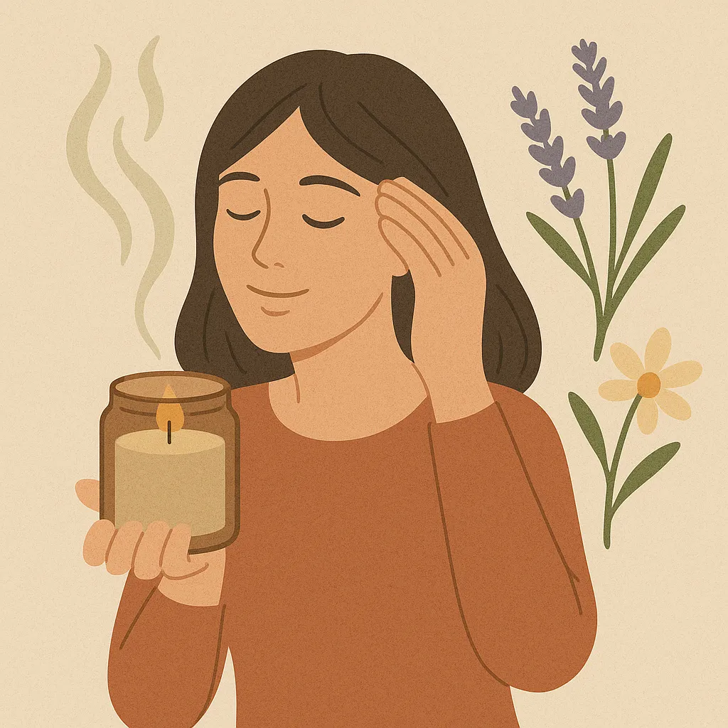 아로마-향을-맡으며-불안을-완화하고-평온함을-느끼는-여성의-모습-향초와-라벤더-꽃이-조화를-이루며-심리적-안정감을-강조한-장면