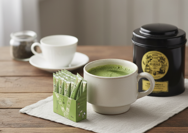 테이블 위에 찻잔 2개가 있다. 앞에 찻잔에는 녹차가 그 오른 쪽에 검은색 홍차통이 있다.