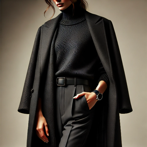 롱코트+블랙 터틀넥 스웨터+슬림핏 팬츠