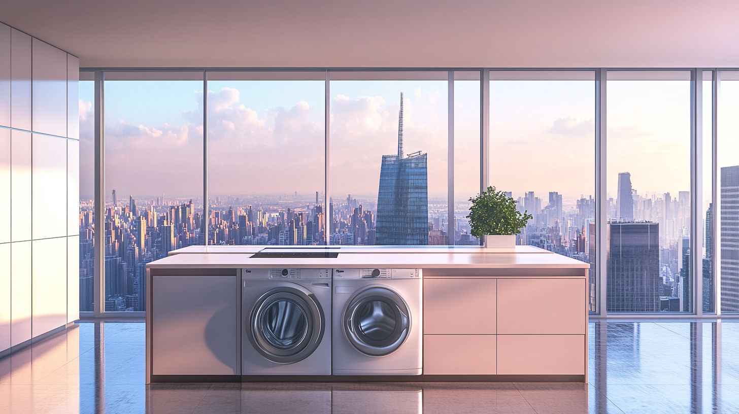 도시 스카이라인이 보이는 초현대적 주방, 바닥에서 천장까지의 창문을 통해 환상적인 전망과 함께 통합된 세탁기와 건조기 세트.