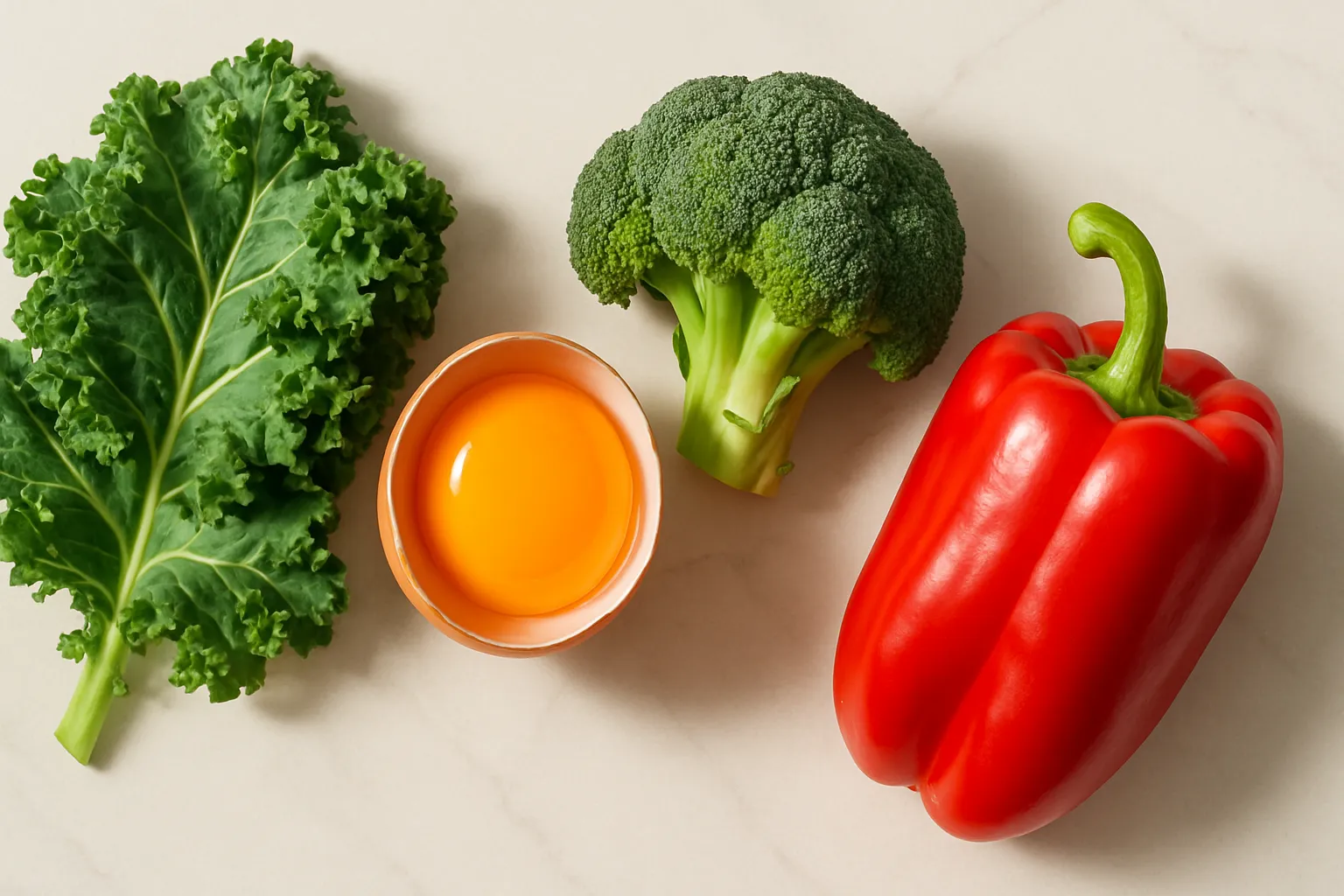 "루테인과 지아잔틴이 풍부한 음식 이미지: 케일, 계란 노른자, 브로콜리, 파프리카"