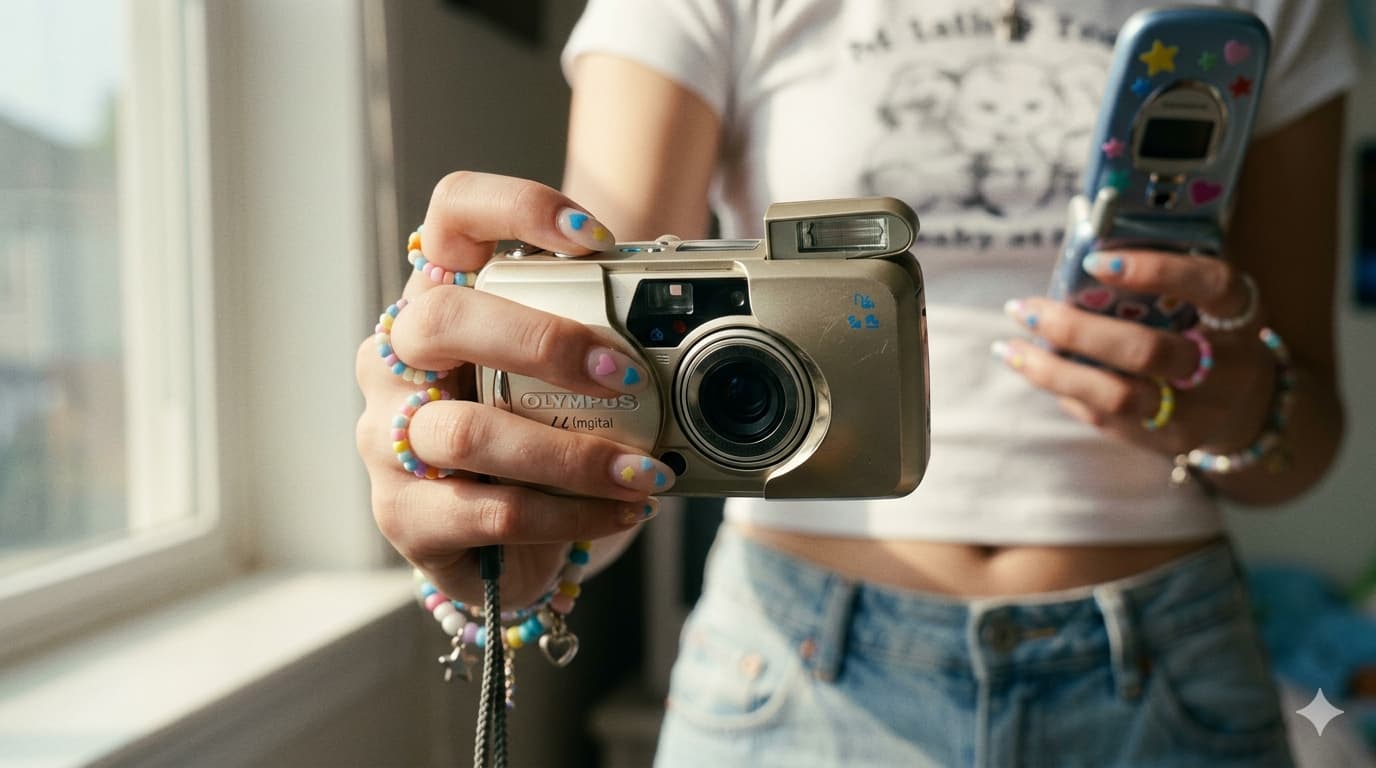샴페인 골드 올림푸스 뮤 디지털 빈티지 디카의 슬라이딩 커버가 반쯤 열린 모습과 Y2K 비즈 스트랩, 카고 팬츠 배경의 썸네일 컨셉 사진