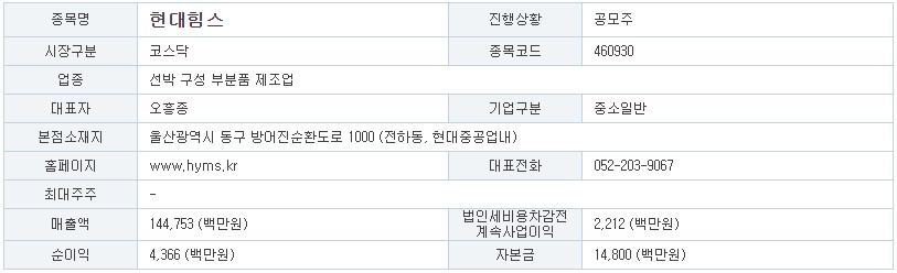 현대힘스 공모주 청약 일정 및 기업정보
