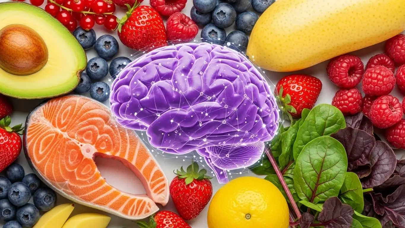 연어, 베리류, 아보카도, 짙은 녹색 채소 등 뇌 건강에 좋은 슈퍼푸드들로 둘러싸인 활기찬 뇌 이미지. 영양소가 뇌 기능에 긍정적인 영향을 미치는 모습을 시각화합니다.
