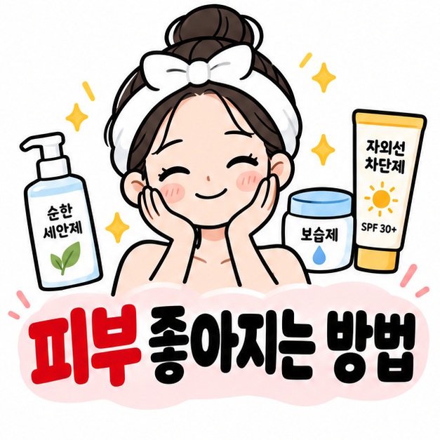 세안제 보습제 자외선 차단제 아이콘 옆에 피부 좋아지는 방법 문구를 크게 보여주는 대표 카드