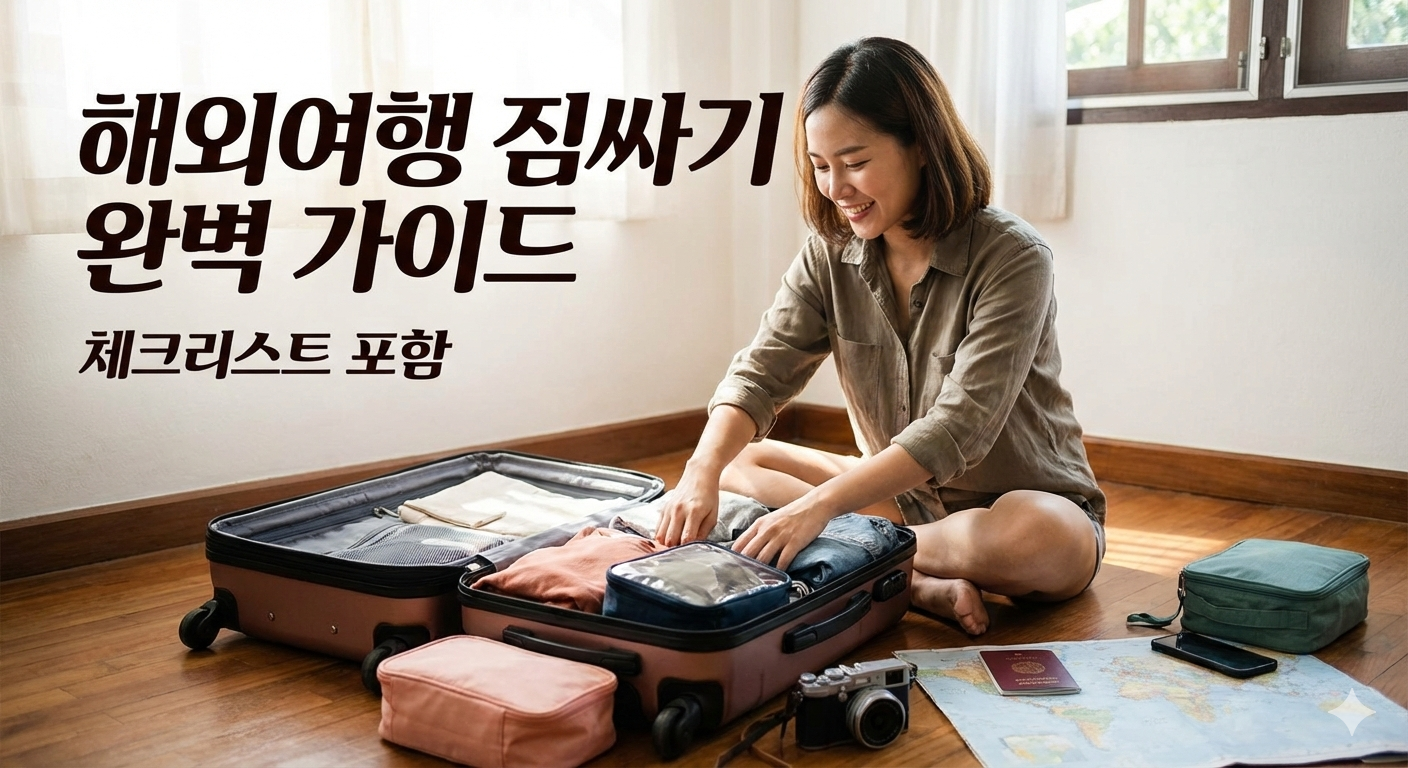 따뜻한 햇살이 들어오는 방 안에서 해외여행을 앞두고 설레는 마음으로 캐리어에 짐을 꼼꼼하게 정리하고 있는 여성의 모습입니다. 차분하고 정돈된 분위기의 실사 이미지로, 완벽한 여행 준비의 시작을 표현했습니다.